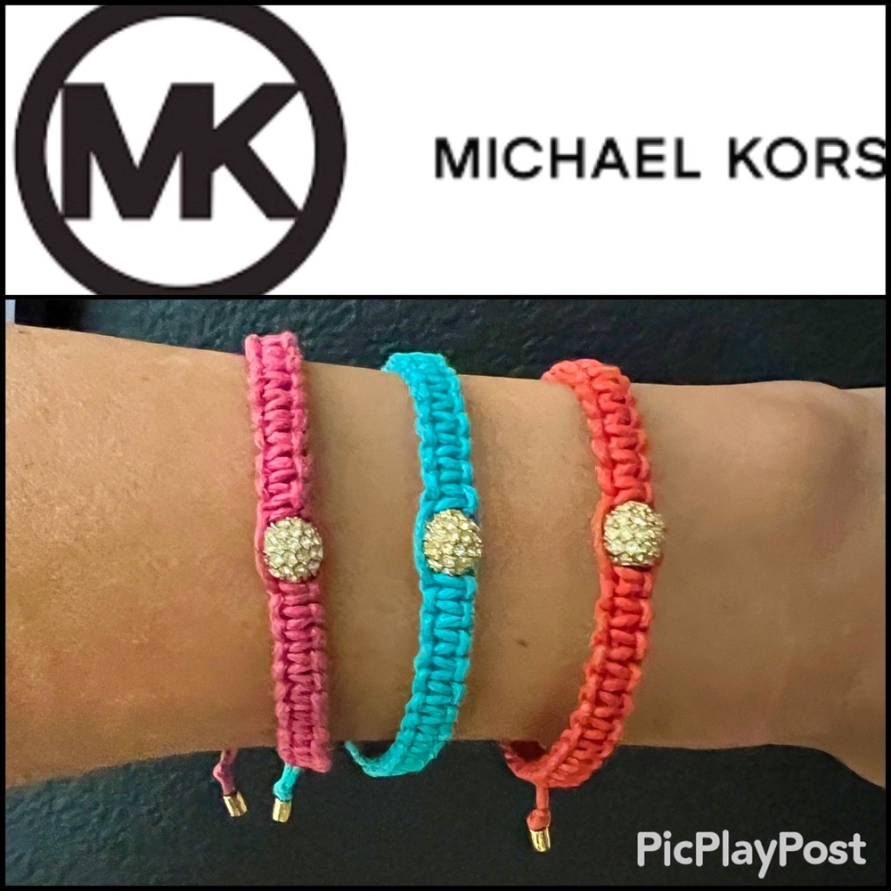 Michael Kors 3 ADJUSTABLE Macrame PINK ORANGE TURQUOISE Pave Fireball Bracelets